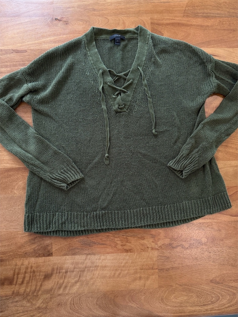J.Crew Lace-Up V-Neck Knit Sweater in Olive Green - Size Small